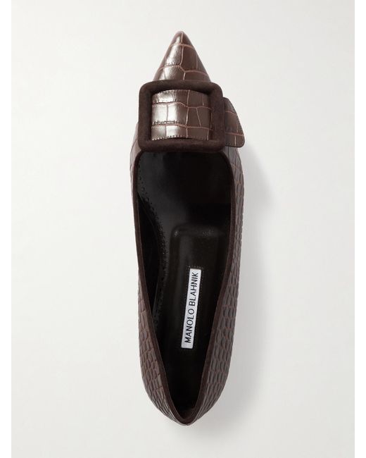 Manolo Blahnik Brown Maysale 10 Ballerinas Mit Spitzer Kappe Aus Leder Mit Krokodileffekt, Velourslederbesätzen Und Schnalle