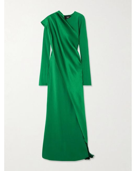‎Taller Marmo Green Mounia Wrap-Effect Fringed Crepe Gown