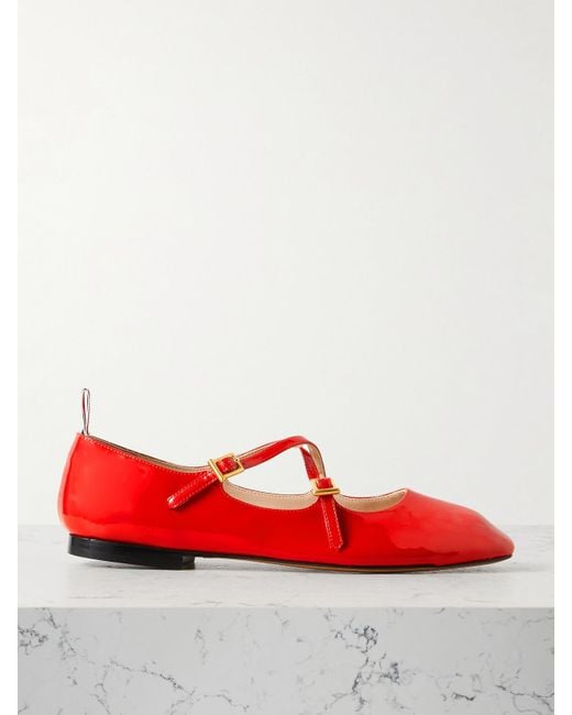 Thom Browne Red Grosgrain-Trimmed Patent-Leather Ballet Flats