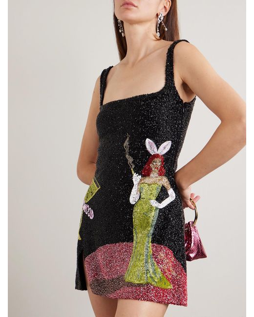 Clio Peppiatt Black Bunny Embellished Stretch-Mesh Mini Dress