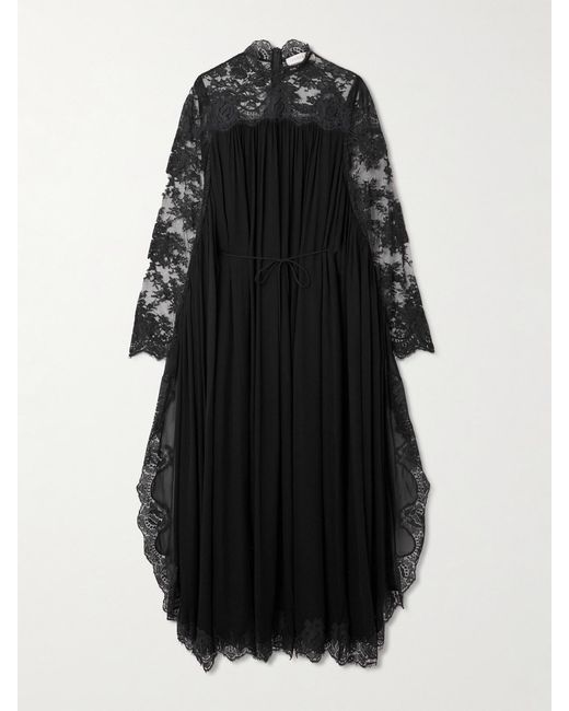 Zimmermann Black Gathered Lace-Trimmed Crepe Midi Dress