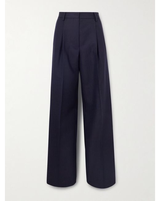 Dries Van Noten Blue Hose Mit Geradem Bein Aus Wolle Mit Fischgratmuster Und Falten