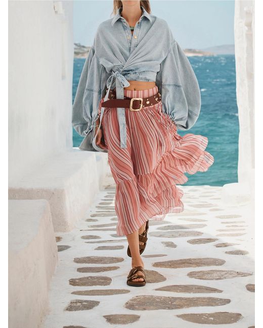 Zimmermann Pink Rebellion Bohemian Asymmetric Tiered Striped Georgette Skirt