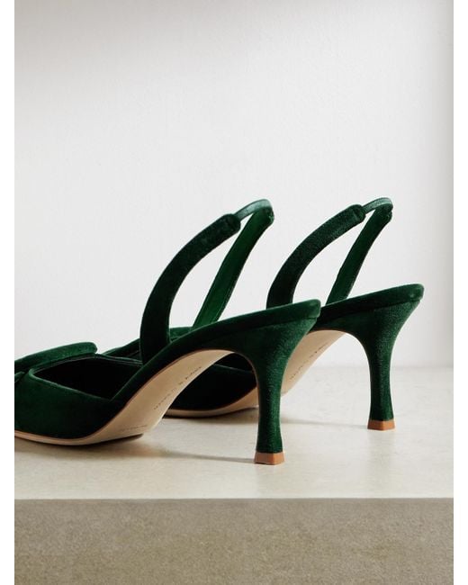 Manolo Blahnik Green Maysli 70 Buckled Velvet Slingback Pumps