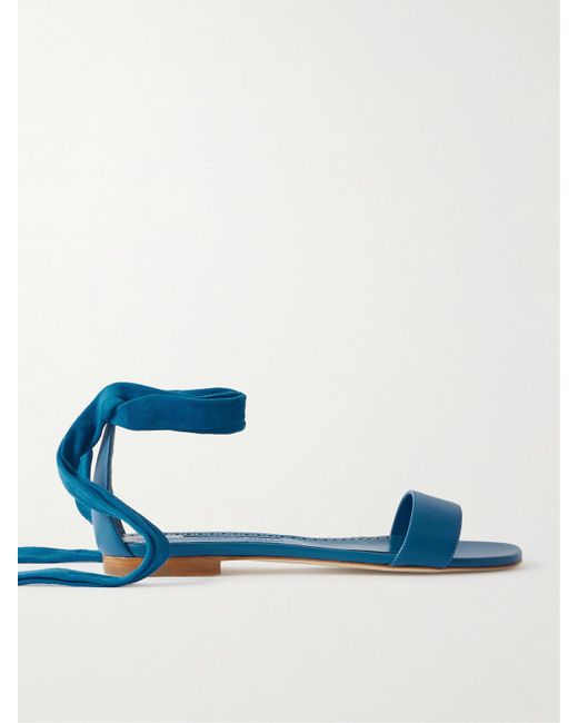 Manolo Blahnik Blue Chastanaflat Lace-Up Suede And Leather Sandals