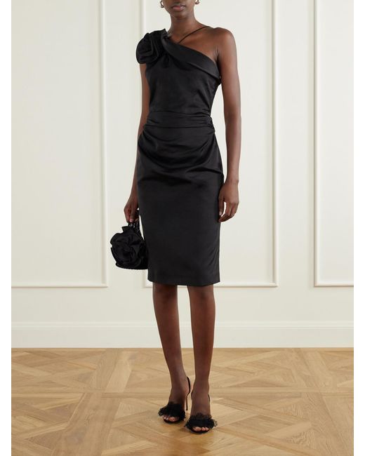 Magda Butrym Black One-Shoulder Appliquéd Gathered Cotton And Silk-Blend Knee-Length Dress