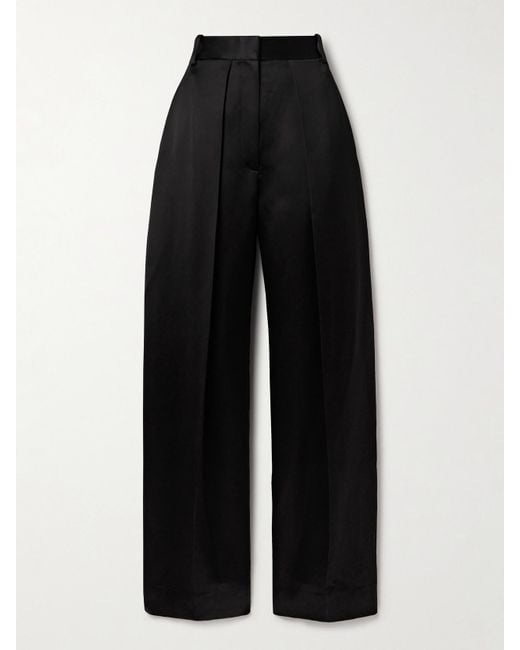 Khaite Black Marinta Satin-Trimmed Pleated Crepe Wide-Leg Pants