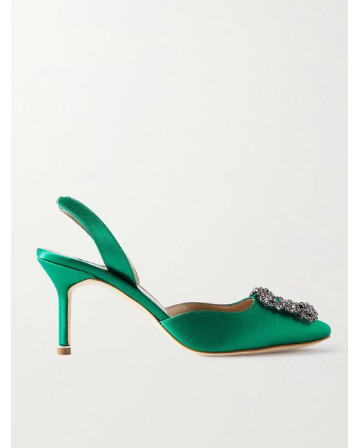 Manolo Blahnik Green Hangisli 70 Embellished Satin Slingback Pumps