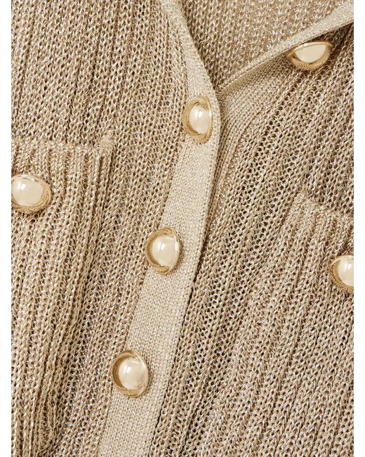 Self-Portrait Natural Belted Ruffled Metallic Ribbed-Knit Midi Dress