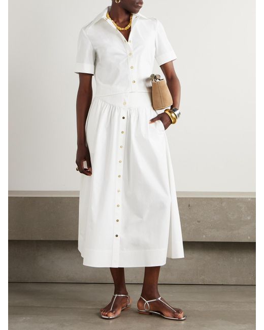 Tory Burch White Gathered Cotton-Blend Poplin Midi Skirt