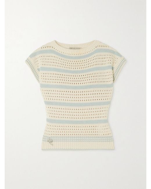 Emilio Pucci White Striped Open-Knit Cotton-Blend Sweater