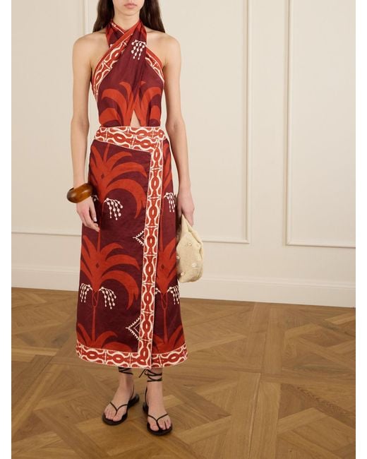 Robe Longue Dos Nu En Lin Imprimé À Découpe Johanna Ortiz en coloris Red