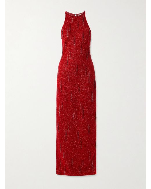 Clio Peppiatt Red Mimosa Embellished Stretch-Mesh Gown