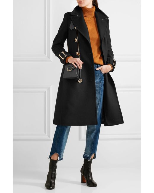 Burberry Leather-trimmed Double-breasted Wool-blend Coat in Black | Lyst