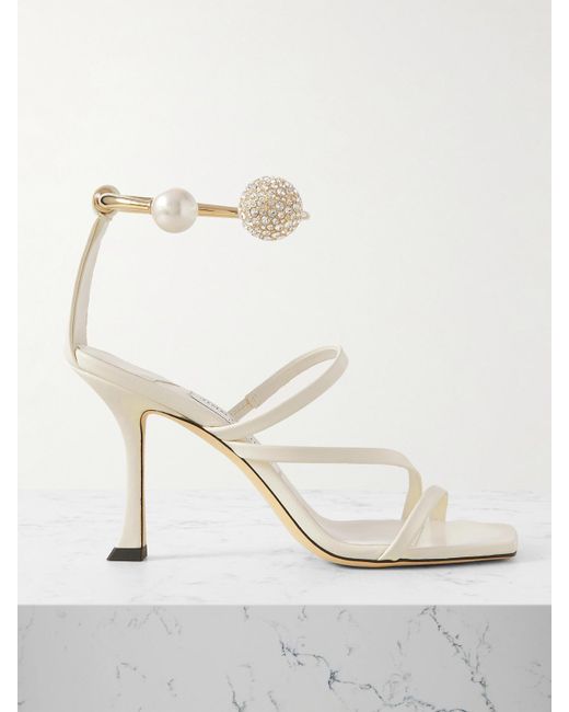 Jimmy Choo White Ottilia 90 Crystal And Faux Pearl-Embellished Leather Sandals
