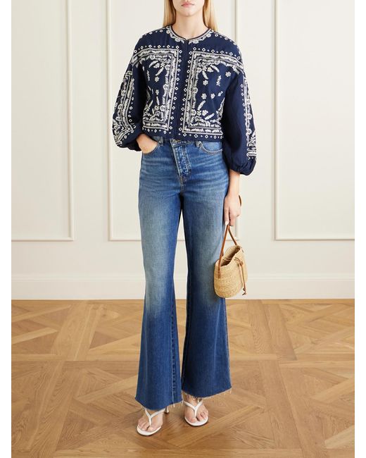 Veronica Beard Blue Drake Cropped Embroidered Cotton-Blend Poplin Jacket
