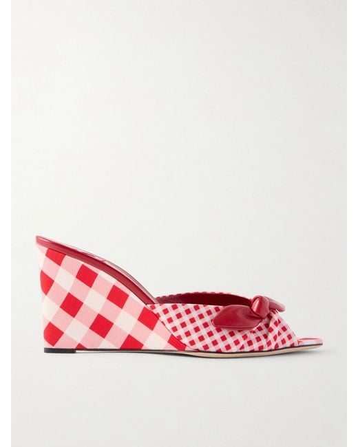 Jimmy Choo Red Livi 85 Leather-Trimmed Checked Wedge Mules