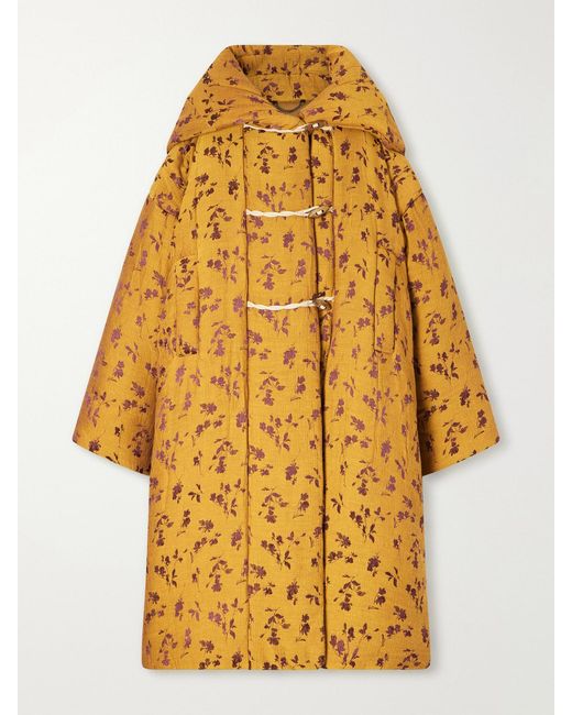 Dries Van Noten Yellow Hooded Padded Floral-Jacquard Long Jacket