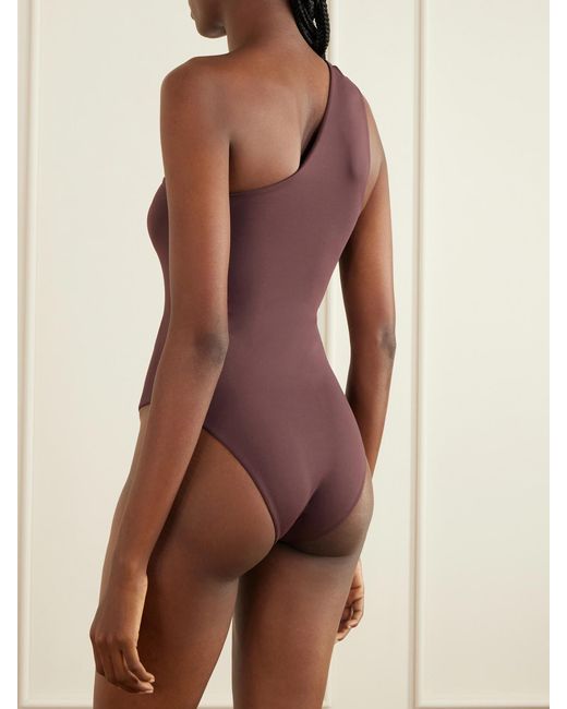 Taller Marmo Purple Rhodes One-Shoulder Swimsuit And Fringed Pareo Set