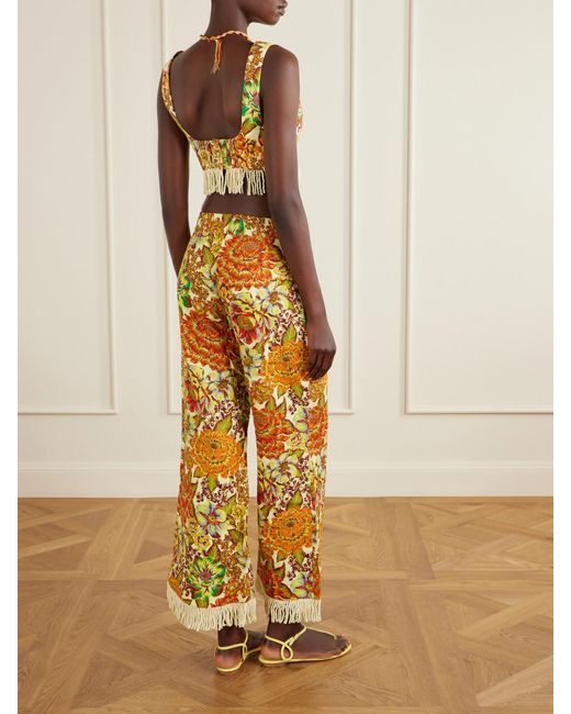 ALÉMAIS Metallic Fringed Cropped Floral-Print Linen Top