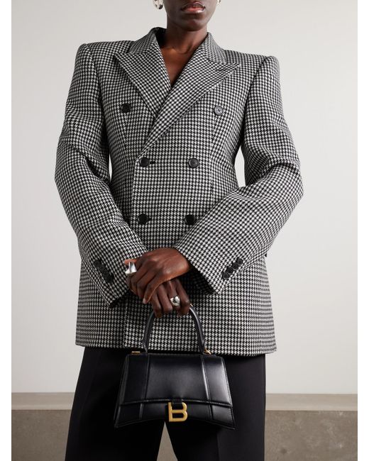 Balenciaga Gray Hourglass Houndstooth Double-Breasted Wool Blazer