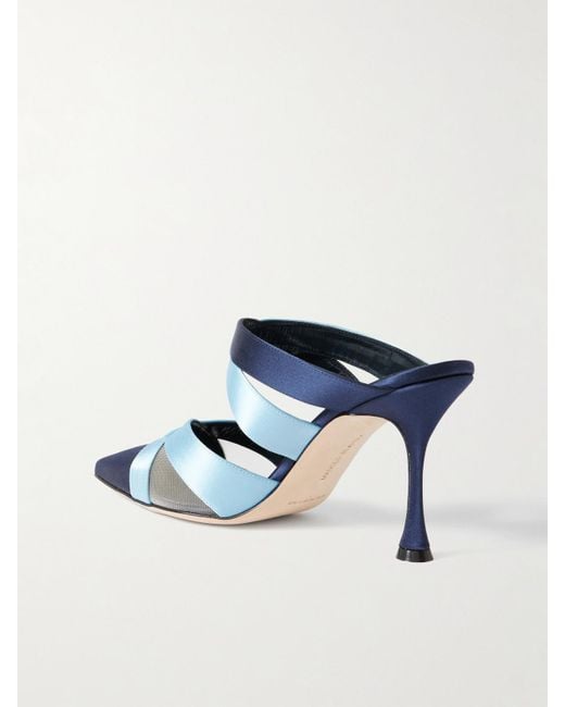 Manolo Blahnik Blue Oyounak Gala Rial 90 Two-Tone Satin Mules