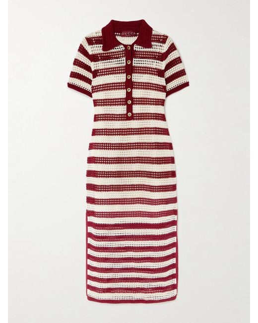 Gucci Red Striped Crocheted Cotton Midi Dress