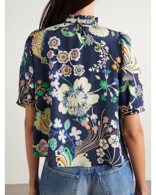 Alix Of Bohemia Blue Winn Cropped Printed Silk Crepe De Chine Shirt