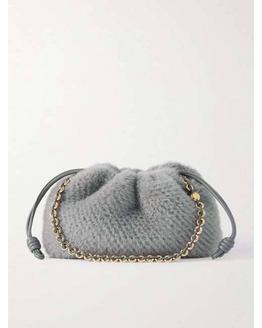 Loewe Gray Flamenco Leather-Trimmed Faux Fur Clutch