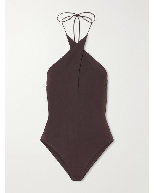 Alex Perry Brown Halterneck Backless Stretch-Mesh Bodysuit