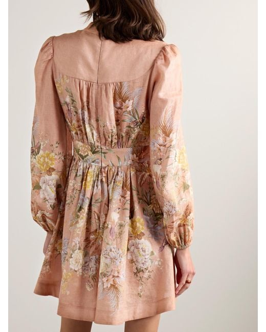 Zimmermann Pink Tallow Minikleid Aus Leinen Mit Blumenprint Und Falten