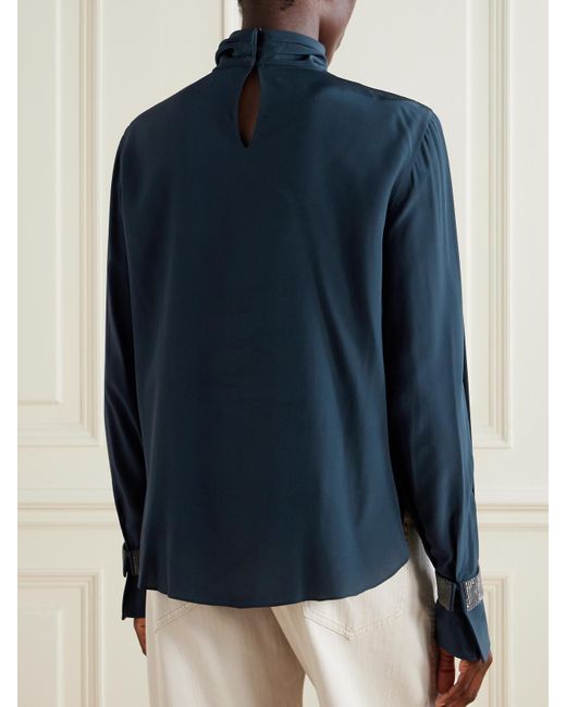 Brunello Cucinelli Blue Bead-Embellished Silk Crepe De Chine Turtleneck Blouse