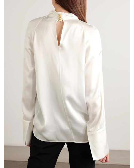 Balmain White Draped Silk-Satin Blouse