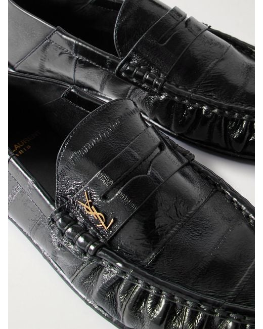 Saint Laurent White Le Loafer Embellished Collapsible-Heel Glossed-Eel Loafers