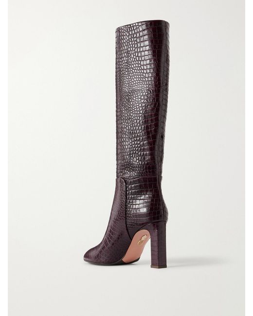 Aquazzura Brown Sellier 85 Croc-Effect Leather Knee Boots