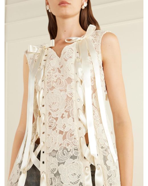 Simone Rocha White Unraveling Ribbon Portrait Bow-Detailed Lace Top