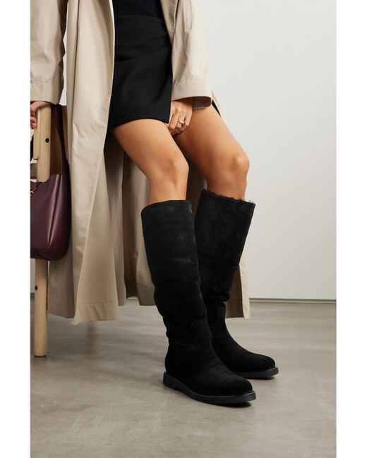LEGRES Black Shearling-Lined Suede Knee Boots
