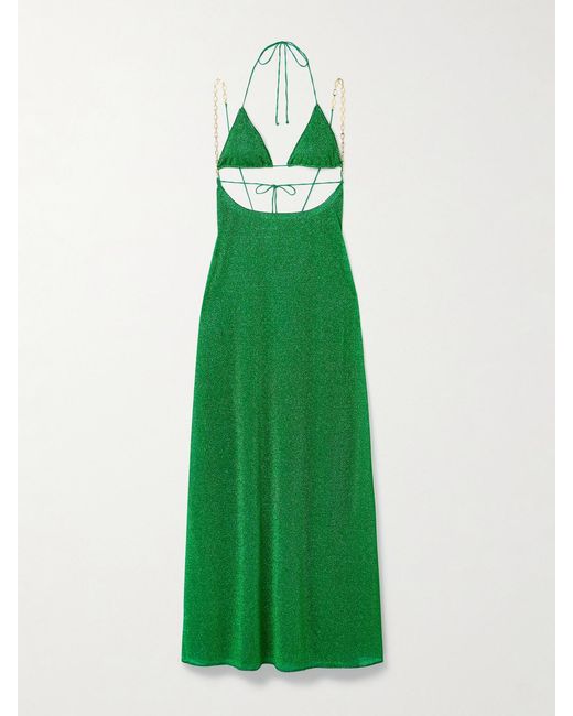 Oseree Green Lumière Cutout Chain-Embellished Metallic Stretch-Knit Maxi Dress
