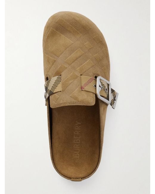 Burberry Brown Urchin Canvas-Jacquard Trimmed Textured-Suede Clogs