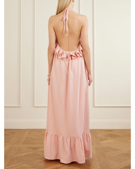 Marrakshi Life Pink Ruffled Striped Cotton Maxi Dress