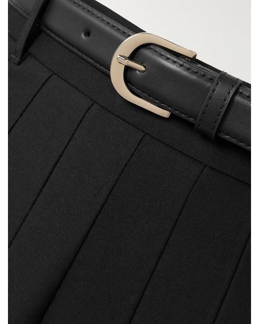 Self-Portrait Black Belted Leather-Trimmed Pleated Twill Maxi Skirt