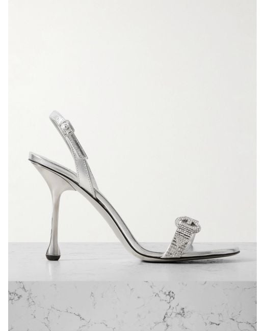 Jimmy Choo White Tabatha 95 Crystal-Embellished Metallic Leather Slingback Sandals