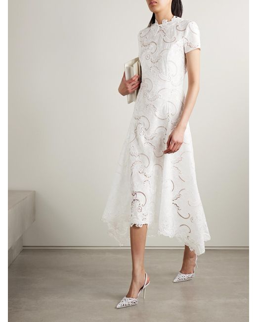 Oscar de la Renta White Scroll Asymmetric Guipure Lace Midi Dress