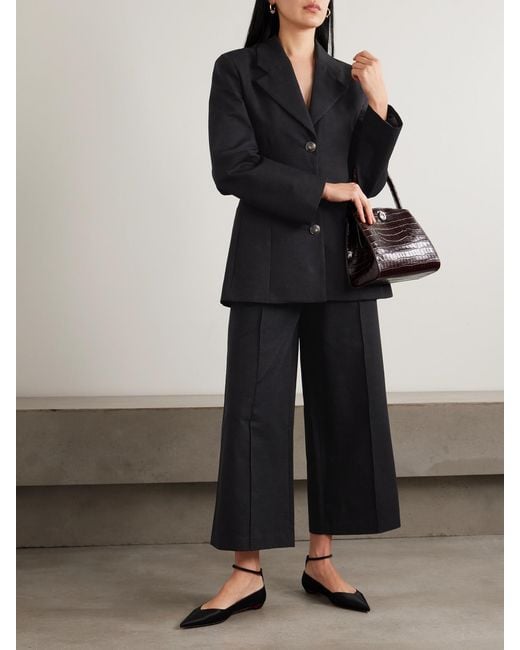 D'Estree Black Martha Linear Cotton-Faille Wide-Leg Pants