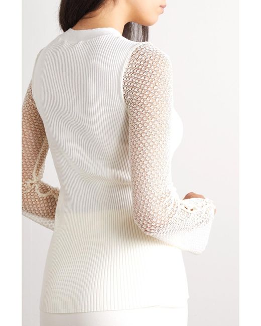 Chloé White Ribbed Wool-Blend And Pointelle-Knit Linen-Blend Top