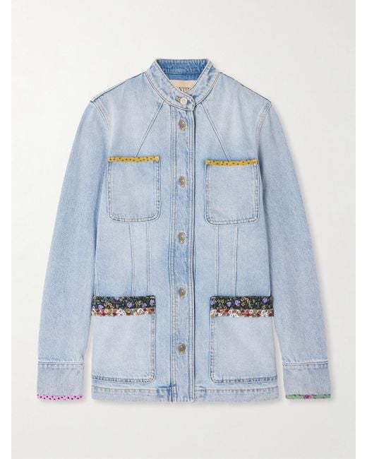 Valentino Garavani Blue Embellished Printed Chiffon-Trimmed Denim Jacket