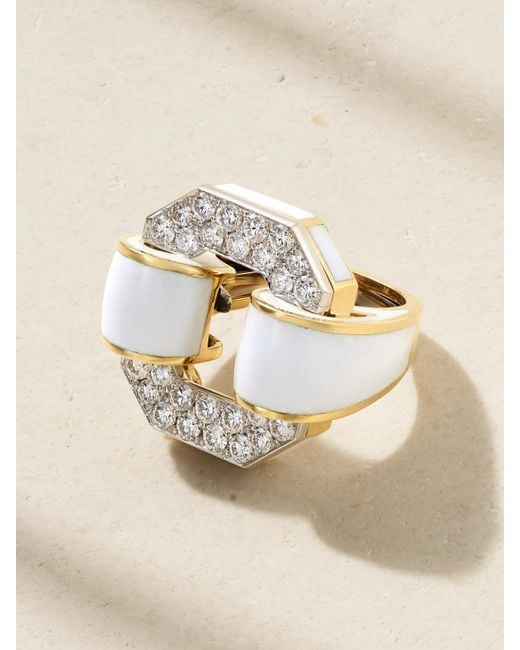 David Webb Natural Small Octagonal Buckle 18-Karat, Platinum, Enamel And Diamond Ring