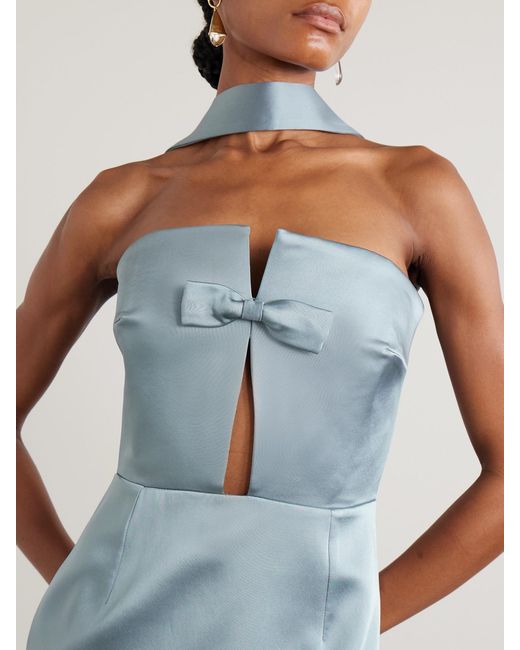The New Arrivals Ilkyaz Ozel Blue Holly Bow-Embellished Cutout Satin Gown