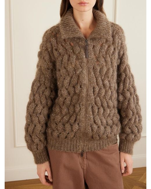 Brunello Cucinelli Brown Sequin-Embellished Mohair-Blend Zip-Up Cardigan