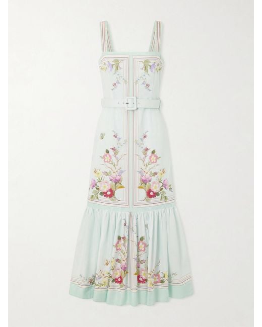 Self-Portrait White Belted Floral-Print Linen And Cotton-Blend Midi Dress